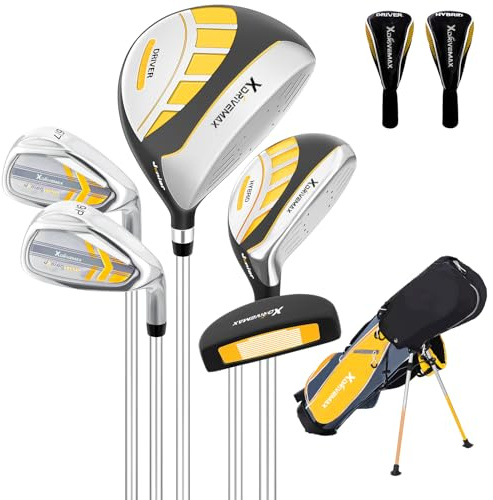 6 Pieces Junior Golf Clubs Set for Kids Ages 8-10, Youth Golf Clubs 6-8 9-12, Complete Kids Golf Club Set with Driver, Hybrid, Irons, Putter, Stand Bag, Lightweight for Boys Girls, Yellow