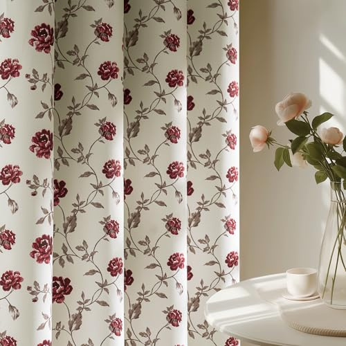 Beauoop Floral 100% Blackout Curtains 84 Inches Long 2 Panels for Bedroom Living Room Red Brown on Beige Vintage Rose Flower Patterned Room Darkening Thermal Soundproof Grommet Window Drapes, 52X84