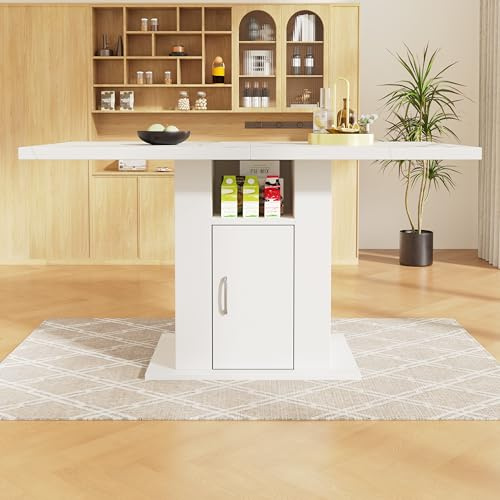 Merax Esstisch mit Stauraum, rechteckiger Esstisch, Platzsparender multifunktionaler Küchentisch mit dreistufiger Stauraum, Marmoroptik, L140*W75*H75cm