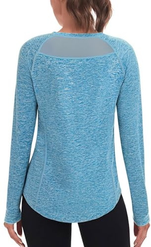 Wayleb Womens Gym Top with Mesh Back Crewneck Long Sleeve Exercise Tshirt Soft Workout Running UPF 50+ Tops Blue S-XXL
