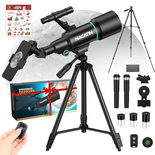 Télescope pour Enfants et Débutants, NACATIN Télescope Astronomique 70mm avec Trépied, Adaptateur Smartphone et Télécommande, Idéal pour Observer la Lune et Les Étoiles (Noir)