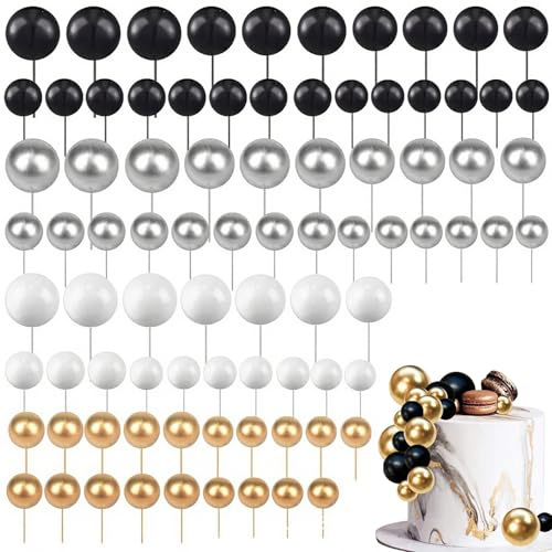 xolear 108 Pcs Decorazioni per Torte, Decorazioni per Torte a Palline, Palline fai da te per Birthday Cake di Compleanno, Topper Foam Ball Cupcake per Festa Matrimonio(Nero/Argento/Bianco/Oro)