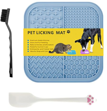 LWLWA Tapis de Léchage Chien, Tapis Anti Glouton Chat avec Ventouse, Silicone Coussin de Lèche Animaux, Bleu Chien Accessoires, avec Grattoir et Brosse, pour Animaux à Alimentation Lente