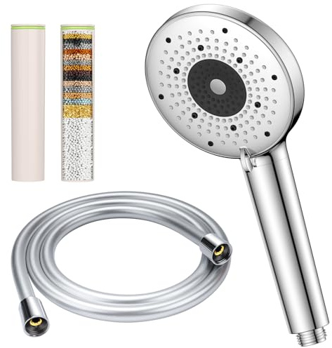 YEAUPE PRO Soffione Doccia con Tubo 1,6 m, Soffione Doccia con Filtro a 25 Fasi, Alta Pressione Ø 115mm con 6 Getti Regolabili,Doccia Anticalcare con 2 Filtri di Ricambio, Cromato