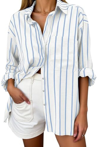 Oversized Button Down Shirts for Women Linen Shirt Long Sleeve Collared Blouses with Pocket Beach Vacation Outfit 2026 White and Blue Striped M