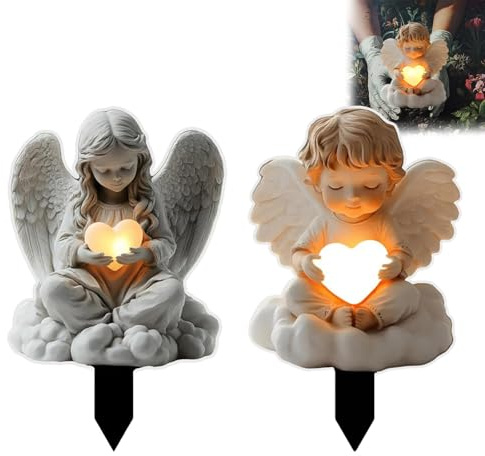 Rubu22a 2 decorazioni funerarie 2D per tomba, resistente alle intemperie, angelo da giardino, impermeabile, adatto per decorazione del cimitero e vasi di fiori (01 + 02)