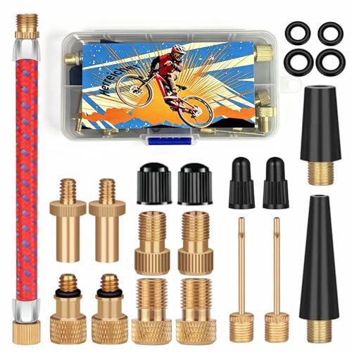Adattatore per Valvola Bicicletta 21 Pezzi con Scatola di Ripostiglio - Compatibile con AV/SV/FV/Dunlop - Valvola Auto, Valvola Presta, Ago per Pallone - Per Pompa Bicicletta