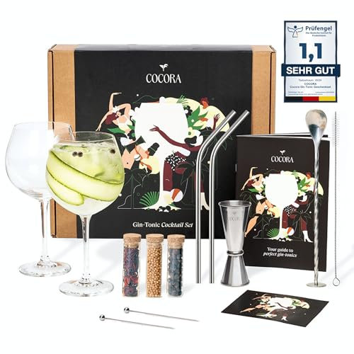 Cocora Gin-Tonic Geschenkset | 11-teiliges Cocktail Set | Gin Zubehör | Gin Tonic Cocktailgläser | Gewürze (Silver)