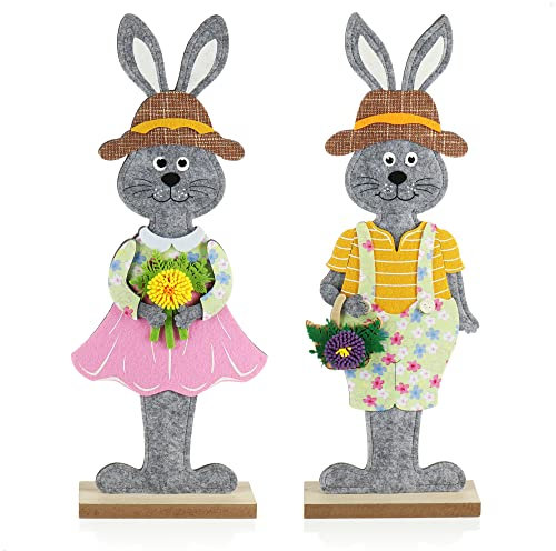 com-four® 2X Deko Aufsteller für Ostern und Frühling - Bunte Deko-Figuren - niedliches Hasen-Paar - Filz-Osterhasen als Wohnraumdekoration mit Holzfuß (2 Stück - bunt 50cm)