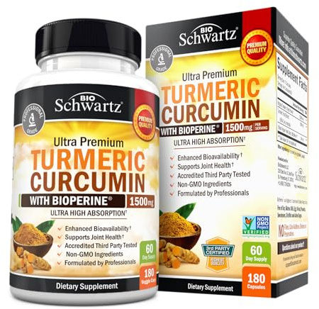 Turmeric Curcumin with Black Pepper Extract 1500mg - High Absorption Ultra Potent Turmeric Supplement with 95% Curcuminoids and BioPerine - Non GMO Tumeric Capsules for Joint Support - 180 Capsules