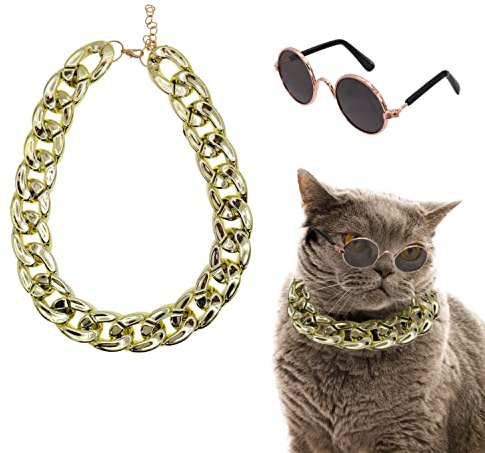 Cat Sunglasses Cat Costume Sunglasses Collar Chain Small Dog Sun Glasses Dolls Round Sunglasses Party Cosplay Costume Photo Props Cute Funny Sunglasses (1Pc Round Glasses+1Pc Gold Chain)