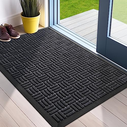 Mibao Front Door Mat, Heavy Duty Durable Welcome Mat for Outdoor Indoor, Dirt Trapper Waterproof Super Absorbent Door Mat for Entryway Outside Patio Porch, 35.5 x 24, Black