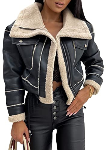 FeMereina Women Faux Suede Leather Jacket Motorcycle Biker Sherpa-Lined Coat Fur Collar Winter Aviator Leather Coat Bomber Jacket (Black, S)