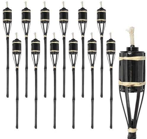 Harbour Housewares Bamboo Fire Torches - 60cm - Black - 12x Garden Lighting Traditional Tiki Torches Outdoor Paraffin Oil Lamp Candle Flame Lantern with Removable Screw Top
