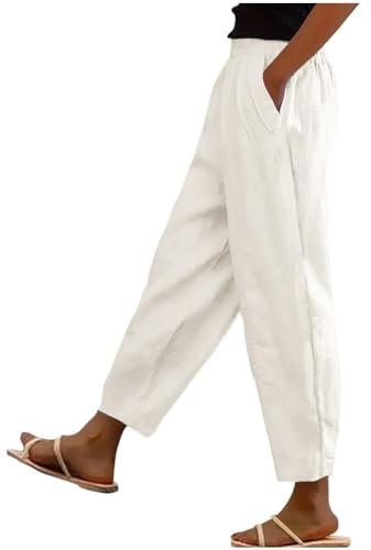 shownicer Pantalon en Coton et Lin pour Femmes Pantalon Décontracté Taille Haute à Taille élastique Baggy Confortable Pantalon de Plage avec Poches A Blanc L