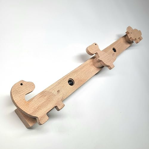 ScandiHooks Kinder Garderobe aus massivem Eichenholz, Dinosaurier, Wandgarderobe, Hakenleiste, Bilderleiste, Kinderzimmer, Flur, Eingang, Brachiosaurus, Triceratops, T-Rex, Tyrannosaurus, Dinos