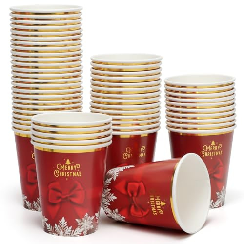 Party GO 60 stycken pappersmuggar, jul, röd, 25 ml, festbordsdekoration med presentrosett, snöflingor och gott julmönster, för bordsdekoration till jul
