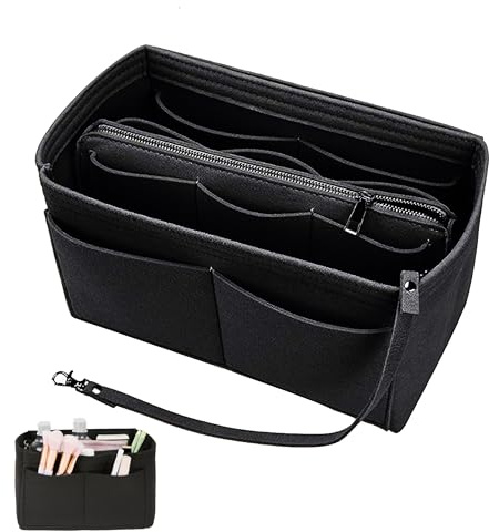 LoNinLoAn Handtaschenordner, Filz Handtaschen Organizer, Taschenorganizer Multifunktionale Kosmetiktasche, 2 in 1 Bag in Bag Einsatz mit Entnehmbare Fächer für Damen Schwarz Medium(27 * 16 * 16 cm)