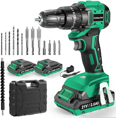 FEBOGER Brushless Cordless Hammer Drill 21V, Cordless Drill Set with 2 Batteries 2.0Ah, 45N.m Max, 20+3 Torque, 14pcs Drilling Bits, 2 Speed, LED Light for Home, Garden DIY Project