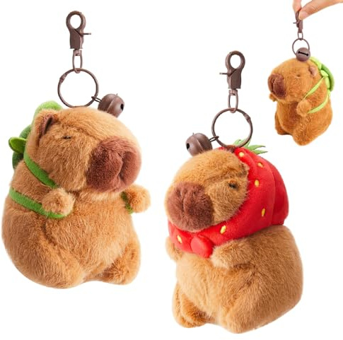 SKIKHN Capybara Plysch Nyckelring, 2 Stycken Capybara-Hänge, Capibara Nyckelring Leksaker med Jordgubbe Ryggsäck Sköldpadda, Tecknad Nyckelring Hängande Väska Dekoration Dam Väska Ornament,
