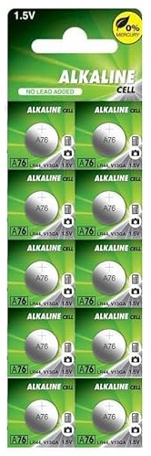 Pilas alcalinas LR44 A76, Libres de Mercurio. Paquete de 10 Unidades, 1.5 V y 110 mAh. Dimensiones: 11,60 x 5,40 mm. Ideal para Diversos Dispositivos.