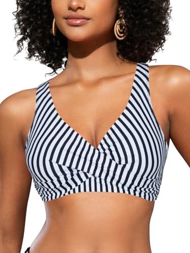 SHEKINI Women's Bikini Tops V Neck Criss Cross Push Up Big Bust Wired Swimwear Top Tie Back Swim Top for Women UK Bikini Top Only, Black Striped, XL