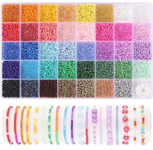 3 mm fröpärlor för smyckestillverkning, 39 färger små pärlor för armband | Funtopia 9 600 st 5 typer små glasfröpärlor för halsband örhänge, vänskapsarmband pärlor för flickor kvinnor vuxna