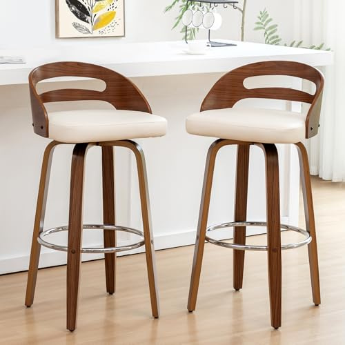 Bar Stools Set of 2, Swivel Bar Stools with Walnut Craftsmanship, Bentwood Curved Back, Upholstered Faux Leather, Soft Cushion Seat, Mid Century BarStools for Bar/Pub/Cafe (Beige, 30 Seat Height)