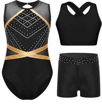 Yruioon 3 Stück Mädchen Turnanzug Ärmellos Gymnastikanzug Streifen Gymnastik Leotard + Sport BH Tops + Shorts Turnen Gymnastik Kleidung B Schwarz 170-176