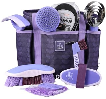 Furrishine Horse Grooming Kit, 9 Piece Grooming Brush Set with Silicone Curry Comb for Bathing & Shedding Sugar Taro