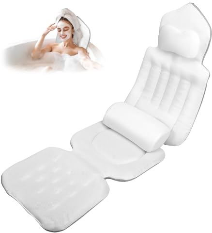 LIFEJXWEN Cojín para bañera con cojín lumbar extra, 144 ventosas (12 veces más sujeción), juego de cojines de baño 4D suave con reposacabezas y cojín adicional extraíble, 133 x 41 cm, incluye bolsa de