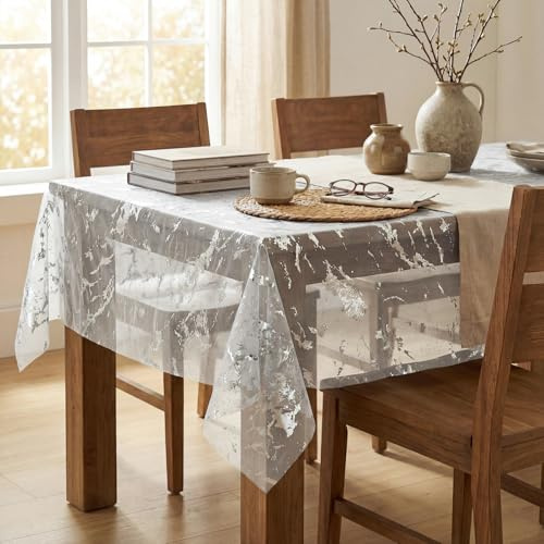 Horaldaily White Silver Gauze Tablecloth 60×104 Inch Rectangular, Silver Marble Sequin Glitter Metallic Foil, Sheer Chiffon Tulle Cheesecloth for Wedding Baby Shower Party