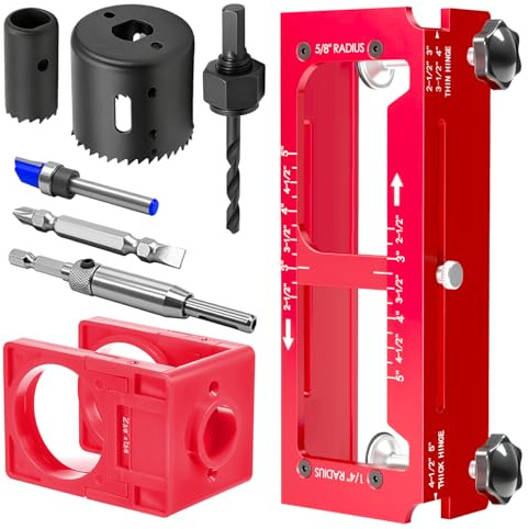 Door Hinge Jig and Door Lock Installation Kit, Aluminum Alloy Router Template for Hinge Mortising from 2.5 to 5 and Types of Square, 1/4, 5/8 Radius, Door Hole Drilling Kit for Knob and Deadbolt.