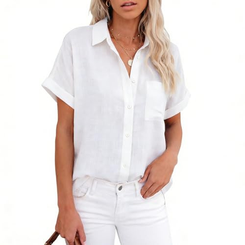 Zidoley Blusa de lino para mujer, blusa de verano de gasa de algodón y lino, camisa larga de manga corta, blanco, M