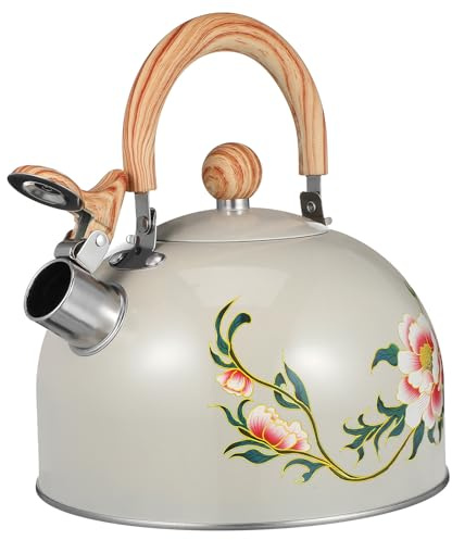TIKODIDA Hervidor de Agua Silbato Automático, Tetera de Acero Inoxidable, Capacidad Mediana, Diseño Floral para Cocina Doméstica, Mango Seguro Antiescaldaduras Beige