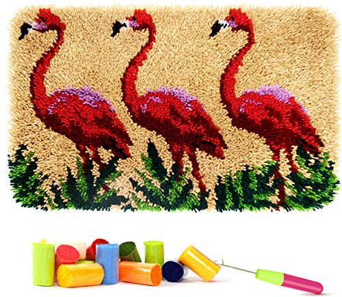 Latch Hook Kit for Adults & Kids - Flamingos Pattern 60x40CM, Complete DIY Rug Making Craft Kits with Yarn & Canvas and Crochet Needle, Adult Craft Kits for Women, Relaxing Home Art Project