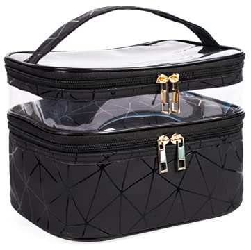BAYINBROOK Borsa per il trucco portatile a doppio strato Borsa da toilette impermeabile Borsa da viaggio per cosmetici di grande capacità Custodia da trucco con scomparto per pennelli (Nero 3)