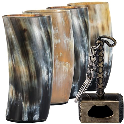 FENRIR Wikinger-Trinkhorn-Tassen-Set mit 4 Stück, besondere Wikingergeschenke für Männer und Frauen, Flaschenöffner, natürliches Ochsenhorn, Wikingerbecher, nordisches Schnapsgläser, Set zum Trinken