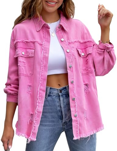 MGizo DtiSpectrum Veste en Jean Boyfriend Déchirée Pour Femme - Coupe Ample à Manches Longues, Style Camionneur en Denim avec Bouton en Métal