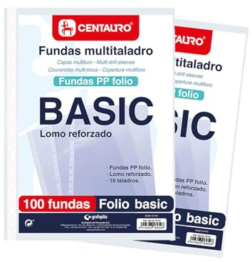 Centauro - 2 Packs de 100 Fundas Multitaladro, 16 Taladros, Tamaño Folio, Polipropileno Estándar Liso, Perfectas para Archivar Documentos de Oficina, Escolar o Uso Doméstico