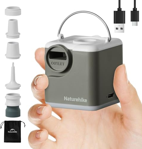 Naturehike Bomba de Aire Mini Eléctrica con Batería Recargable y Cable USB-C – Inflado/Desinflado Rápido para Colchonetas y Anillos de Baño (Luz LED de 3 Niveles)