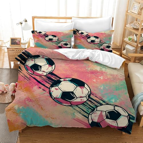 Leleyouzer Juego de ropa de cama de 3 piezas con diseño de balón de fútbol en 3D, diseño de fútbol y fútbol, suave microfibra, juego de 3 piezas con 2 fundas de almohada de 50 x 75 cm (Fussball 4, 135