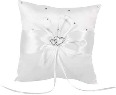 Cuscino porta fedi nuziali, 15,2 x 15,2 cm, bianco con decorazione in strass e nastro di seta, per proposte di matrimonio