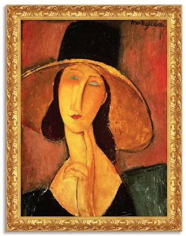 LuxHomeDecor Amedeo Modigliani - Donna con cappello - Quadro stampa su tela effetto dipinto con cornice in legno oro classico - 50x40 cm