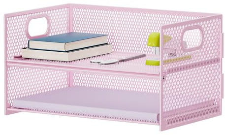 Marbrasse 2 Tier Mesh Desk File Organiser,Paper Letter Tray Organiser with Handle, Metal A4 Paper Tray,Magazine Document Desk Organizer Holder for Home Office School (Pink)