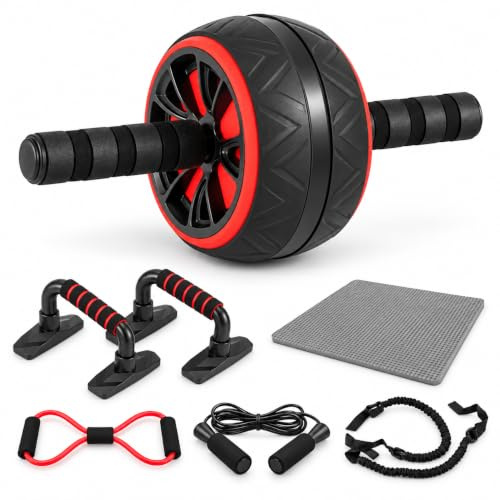 FERNVALE 7-Piece Ab Roller Wheel Set with Knee Mat for Home Core Training | Push-Up Handles, Resistance Bands, Skipping Rope, Foam Grips, Stainless Steel Shaft, Compact Fitness Equipment