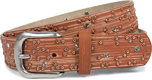 styleBREAKER Cintura da donna con borchie a stella e strass, superficie in stile 'a pennellata', cintura borchiata vintage, accorciabile 03010096, dimensione:95cm, colore:Cognac