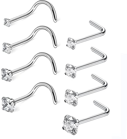 LEEQ 20 Gauge Curved Nose Studs inless Steel Nose Rings Cubic Zirconia Piercing Body Jewelry, Screw and L Bend Shape, 8 Pieces by LEEQ