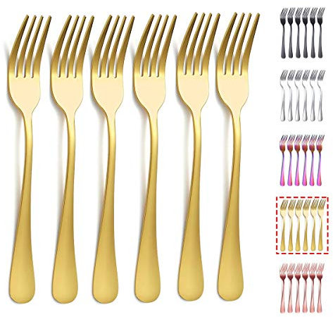 Kyraton Forchetta da tavola dorata 6 pezzi, forchette da 20,7 cm in acciaio inossidabile placcatura in titanio oro Argenteria da sposa, set di 6 forchette dorate