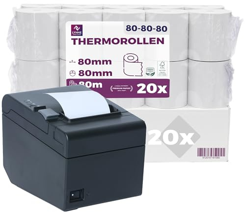 LYNNE - Rollos Papel Termico 80x80 para Impresora de Tickets - Para caja registradora con impresora de recibos - Papel impresora Termica 80x80x12 - Rollo Papel térmico 80mm x 80mm x 80m - [20x]